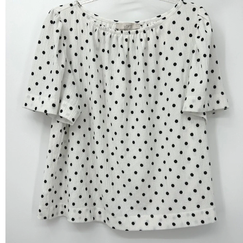 LOFT Womens Large Polka Dot Short Sleeve Puff Blouse White Black Textured Top